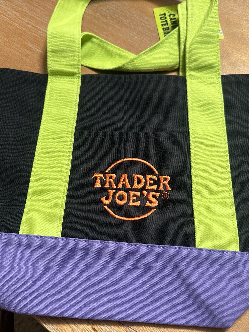 Trader Joe's Black Canvas Tote with Lime Handles and Purple Base
